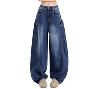 Jeans da donna a vita alta, con stile Y2K e design retrò 90s, larghi, comodi pantaloni che si sentono larghi dai fianchi al ginocchio e poi si ringiovaniscono, Blu-B, XXL