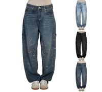 Jeans da donna a vita alta con strass larghi, pantaloni in denim, pantaloni curvy, con glitter elastici, per il tempo libero, jeans dritti lucidi con tasche, pantaloni in denim, Blu scuro, XL