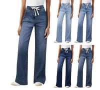 Jeans da donna a vita alta, elasticizzati, con elastico, in denim, per il tempo libero, con gamba larga, pantaloni larghi, Blu marino, L