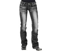 Jeans da donna a vita media, elasticizzati, stile retrò, vestibilità ampia, dimagranti, pantaloni in denim Juniors vintage a gamba larga, grigio scuro, M