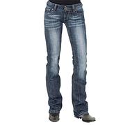 Jeans da donna a vita media, elasticizzati, stile retrò, vestibilità ampia, dimagranti, pantaloni in denim Juniors vintage a gamba larga, Blu scuro, S