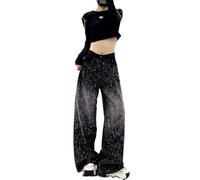 Jeans da Donna alla Moda retrò Lucidi a Gamba Larga, con Effetto Gradiente a Blocchi di Colore, Decorati con Strass Brillanti, vestibilità Ampia, Stile Y2K Hip-Hop (Nero,S)