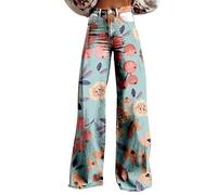 Jeans da donna anni '70, pantaloni a zampa, stile boho, a vita alta, elasticizzati, gamba larga, con fiori, comodi, per attività all'aperto, streetwear, casual, in denim, con tasche e passanti per