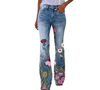 Jeans da donna con motivo flared Bootcut a vita alta, jeans retrò flared, jeans a percussione, jeans da donna, con stampa a fiori, slim fit, lunghi, boyfriend, jeans dritti, pantaloni elasticizzati, S