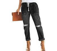 Jeans da Donna Effetto Consumato, Elasticizzati, in Denim, Modello Jogger, Comodi e dalla vestibilità Ampia, Neri, Taglia XL.