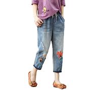 Jeans da donna, elasticizzati, lunghezza al ginocchio, 3/4, da donna, estivi, leggeri, in denim, con ricamo, a vita alta, jeans estivi con tasche, dritto, Capri elasticizzati, per il tempo libero