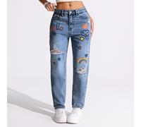 Jeans da donna estivi Y2K eleganti con grafica e effetto consumato, blu baby, elasticizzati, dal taglio valorizzante, alla moda, per uscire e uso quotidiano L,M,S,XL,XSStampa falsaDenim