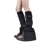 Jeans da donna neri scaldamuscoli con cinturino con fibbia punk denim svasato copriscarpe cerniere a fessura calzini lunghi Streetwear Jean Leg Covers, Nero , Taglia unica