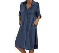 Jeans da donna, oversize, abito estivo al ginocchio, in jeans, a maniche lunghe, abito estivo con scollo a V, stile vintage, per feste, camicia in denim, Blu mare, M