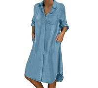 Jeans da donna, oversize, abito estivo al ginocchio, in jeans, a maniche lunghe, abito estivo con scollo a V, stile vintage, per feste, camicia in denim, Azzurro, XXL