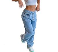 Jeans da Donna Pantaloni Larghi Dritti a Vita Bassa Pantaloni Cargo Lavati Pantaloni da Fidanzato a Gamba Dritta Pantaloni Larghi per il Tempo Libero Jeans Estivi Pantaloni di Jeans Streetwear(Blue,M)