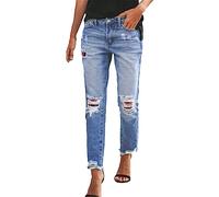 Jeans da donna strappati, a gamba dritta, stile anni '90, stile patchwork, per il tempo libero, comodi, elasticizzati, lavati, casual, hip hop, streetwear, Colore: rosso, XL
