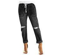 Jeans da donna strappati boyfriend elasticizzati con coulisse pull on comodi pantaloni da jogging in denim premaman classici lavati invecchiati Destoryed Denim Pantaloni casual arrotolabili in carta,