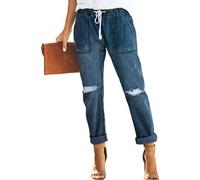 Jeans da Donna Strappati, Elasticizzati, in Denim, Modello Jogger, Comodi e dalla vestibilità Ampia, Blu Scuro, Taglia S.