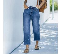 Jeans da donna taglie forti con vita elastica, gamba dritta e ampia, pantaloni in denim 7/8 con strappi e effetto consumato, blu lavato, stile casual e senza sforzo per la primavera 0XL,1XL,2XL,3XL,4X