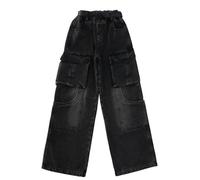 Jeans da ragazza a gamba larga primavera e modelli per jeans medio e grande retrò a gamba larga e pantaloni dritti Trendy Loose Casual Leggings invernali per bambini e ragazze, Nero , 7-8 Jahre