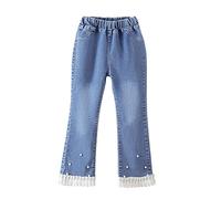Jeans da ragazza con fiocco di perle ricamato, gamba larga, pantaloni in denim con elastico in vita per bambini casual comodi pantaloni alla moda versatili 2-12 anni, 01#_blu, 3-4 Anni