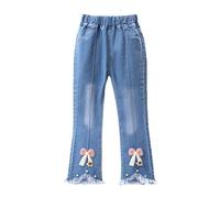 Jeans da ragazza con fiocco di perle ricamato, gamba larga, pantaloni in denim con elastico in vita per bambini casual comodi pantaloni alla moda versatili, 01#_blu, 5-6 Anni