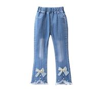 Jeans da ragazza con fiocco di perle ricamato, gamba larga, pantaloni in denim con elastico in vita per bambini casual comodi pantaloni alla moda versatili, 02#_blu scuro, 9-10 Anni