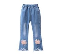 Jeans da ragazza con fiocco di perle ricamato, gamba larga, pantaloni in denim con elastico in vita per bambini casual comodi pantaloni alla moda versatili, 05#_cielo blu, 7-8 Anni