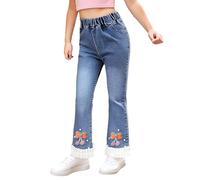 Jeans da ragazza con fiocco di perle ricamato, gamba larga, pantaloni in denim con elastico in vita per bambini casual comodi pantaloni alla moda versatili 2-12 anni, 04#_arancione, 5-6 Anni