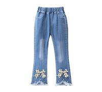 Jeans da ragazza con fiocco di perle ricamato, gamba larga, pantaloni in denim con elastico in vita per bambini casual comodi pantaloni alla moda versatili, 03#_azzurro, 3-4 Anni
