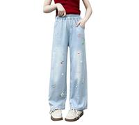 Jeans da ragazza con fiori ricamati a gamba larga in denim, pantaloni elasticizzati a vita alta per bambini, pantaloni casual per la scuola, pantaloni dritti con tasche, blu cielo, 11-12 anni