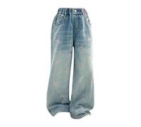 Jeans da ragazza ricamati a forma di cuore, graziosi pantaloni larghi in denim con elastico in vita e tasche, Y2K Vintage, streetwear, pantaloni casual larghi (blu, 14-15 anni)