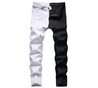 Jeans da uomo a gamba dritta, jeans in denim di base elasticizzati a contrasto di colore, jeans in denim bicolore patchwork bicolore, pantaloni in denim slim fit con cerniera, pantaloni casual