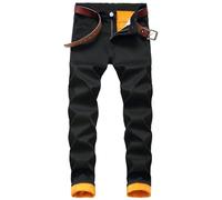 Jeans da uomo, a gamba dritta, per il tempo libero, in tinta unita, comodi, in denim, per attività all'aria aperta, invernali, termici, foderati in pile, per un maggiore calore, Nero , 5XL