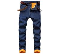 Jeans da uomo, a gamba dritta, per il tempo libero, in tinta unita, comodi, in denim, per attività all'aria aperta, invernali, termici, foderati in pile, per un maggiore calore, Blu scuro, 5XL