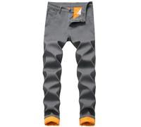 Jeans da uomo, a gamba dritta, per il tempo libero, in tinta unita, comodi, in denim, per attività all'aria aperta, invernali, termici, foderati in pile, per un maggiore calore, grigio., L