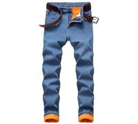 Jeans da uomo, a gamba dritta, per il tempo libero, in tinta unita, comodi, in denim, per attività all'aria aperta, invernali, termici, foderati in pile, per un maggiore calore, Blu, S