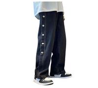 Jeans da uomo a gamba larga, elastico in vita casual, con coulisse, comodi, per il tempo libero, pantaloni in denim alla moda, Nero , L