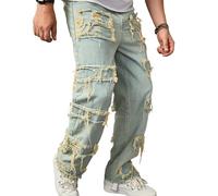 Jeans da uomo a gamba larga vintage a gamba dritta da falegname pantaloni in denim patchwork Y2k hip hop skater pantaloni larghi, Blu retrò., 48