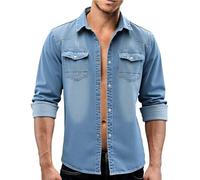 Jeans da uomo a righe, in denim, con tasche multiple, per il tempo libero, con bottoni, a maniche lunghe, slim fit, camicia da lavoro, con bottoni, da lavoro, Azzurro, XXL