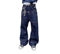 Jeans da Uomo con Cintura Doppia alla Moda Primaverile, vestibilità Rilassata, Patchwork con Rivetti Streetwear Jeans a Gamba Larga Rivetti Y2K Stile Hip-Hop Anni 2000 (Blu Scuro,M)