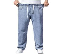 Jeans da uomo, con lacci, pantaloni da uomo, con tasche, classici, elasticizzati, in denim, gamba larga, pantaloni in tessuto super flessibile, comodi pantaloni da uomo, Azzurro, 4XL