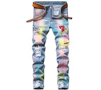 Jeans da uomo con ricamo in denim con gamba Destroyed effetto distressato, casual, taglio sottile, dritto, jeans da motociclista, rilassati, comodi e strappati, Blu, 44