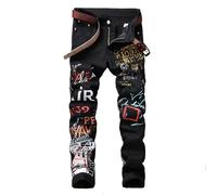 Jeans da uomo con ricamo in denim con gamba Destroyed effetto distressato, casual, taglio sottile, dritto, jeans da motociclista, rilassati, comodi e strappati, Nero/1, 38