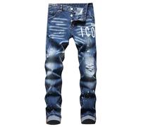Jeans da uomo con ricamo in denim con gamba Destroyed effetto distressato, casual, taglio sottile, dritto, jeans da motociclista, rilassati, comodi e strappati, Blu 1, 35