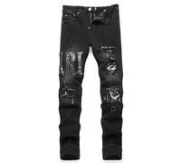 Jeans da Uomo Elasticizzati Strappati Tinta Unita Pantaloni Strappati Pantaloni Stretti per Il Tempo Libero,Nero,31