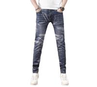 Jeans da uomo estivi sottili stampati elasticizzati e personalizzati Street Slim Fit Pantaloni a gamba piccola, Blu, 34 W
