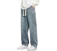 Jeans da uomo in denim con coulisse, jeans larghi laterali, pantaloni elasticizzati in vita, pantaloni a gamba larga, versatili, streetwear, gambe dritte, pantaloni casual da esterno, pantaloni