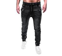 Jeans da uomo, lunghi, slim fit, pantaloni dritti da uomo, alla moda, per il tempo libero, elastico in vita con coulisse e tasche, gambe dei pantaloni con design termoretraibile, denim tinta unita