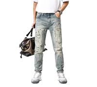 Jeans da uomo slim dritti retrò fare vecchio lavato Splash Ink stile americano foro gamba piccola pantaloni, Bluens161, 34 W