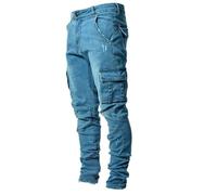 Jeans da uomo, slim fit, pantaloni cargo lavati, jeans cargo con tasche laterali, stile cowboy streetwear, pantaloni in denim a vita alta, con fibbia, jeans da uomo, Blu, L
