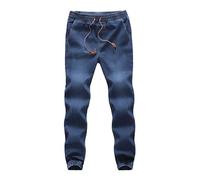 Jeans da uomo strappati alla moda in denim elasticizzato pantaloni della tuta con vita elastica e caviglie coulisse joggers con tasche, Blu scuro, 3XL