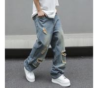 Jeans da uomo strappati e sfilacciati con tasche larghe e a cargo in denim blu scuro effetto invecchiato per uscire per le strade e per gli amanti dell'abbigliamento da rapper L,M,S,XL,XXLColore unico