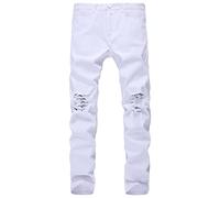 Jeans da uomo strappati slim gamba affusolata fori al ginocchio Hip Hop Denim Matita Pantaloni Skinny Destroyed Stretch Jean Pantaloni, Bianco, 29